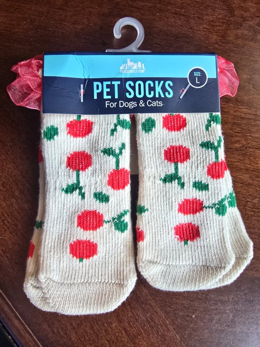 NWT Pawsitively Fun! Cherry Print Dog Cat Pet Socks Non-Slip Grips Size L NEW